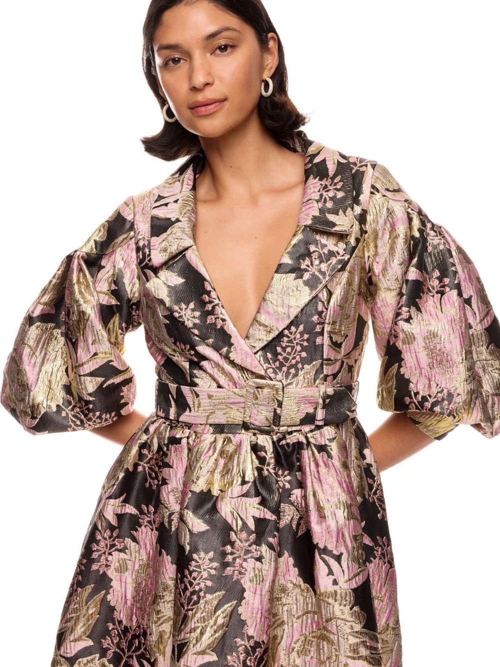 Jewel x Badgley Mischka Metallic Brocade Belted Mini Dress Black/Pink/Gold Sz 16